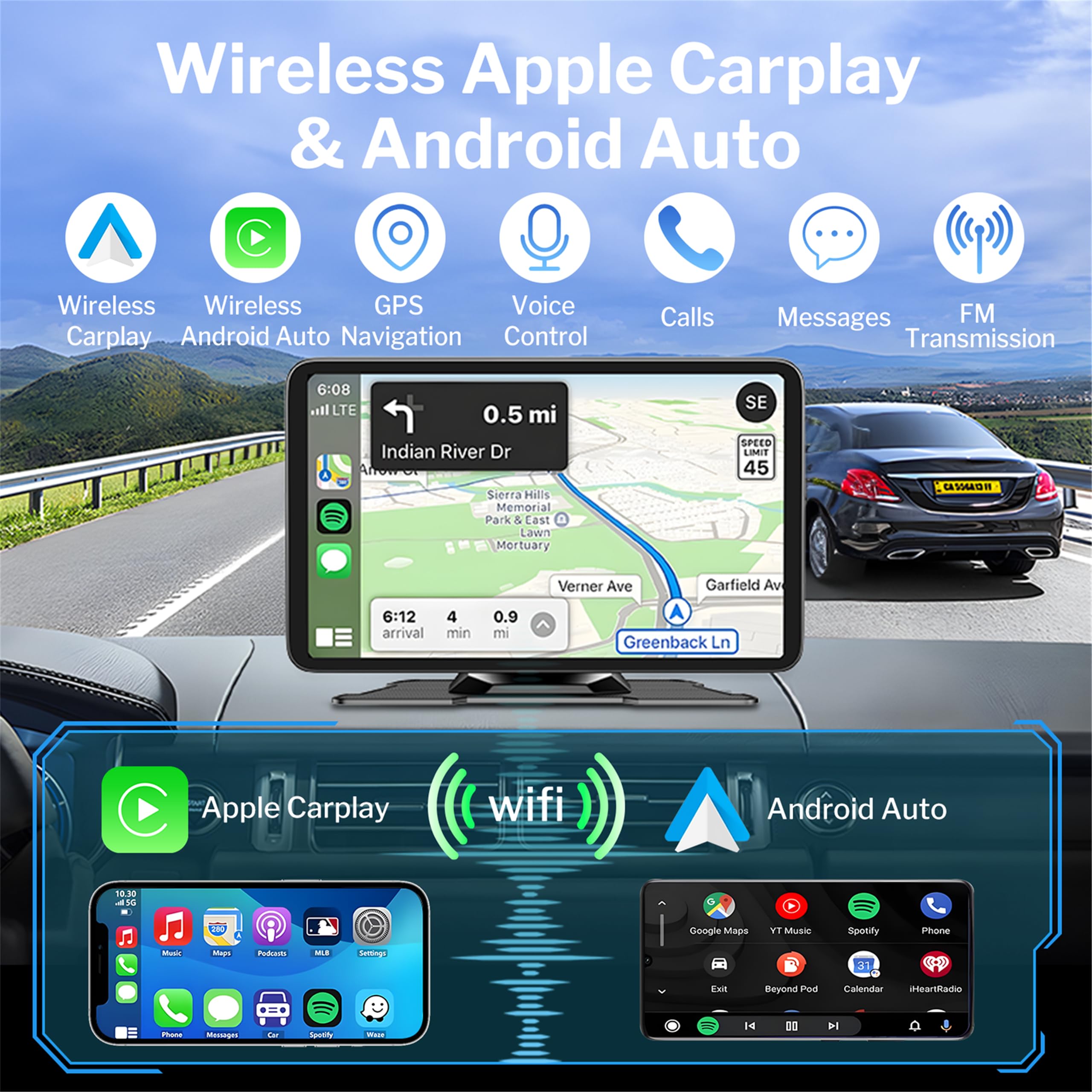 Carplay Android Auto Display 7 pollici Touch Screen Car Play Schermo con telecamera di retromarcia, autoradio Carplay con siri/Googlee Assistant, GPS Navigation, Bluetooth, Mirror Link