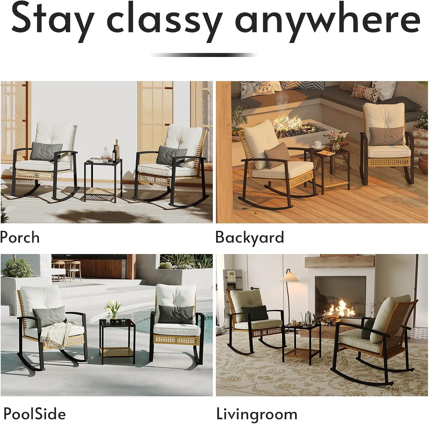 ENSTVER Outdoor Rocking Chairs Set,3-Piece Patio Rocking Chairs Bistro Set with 2 thickly Cushioned Rockers and a 2-Tier Coffee Table, for Your Front Porch and Balcony(Beige)