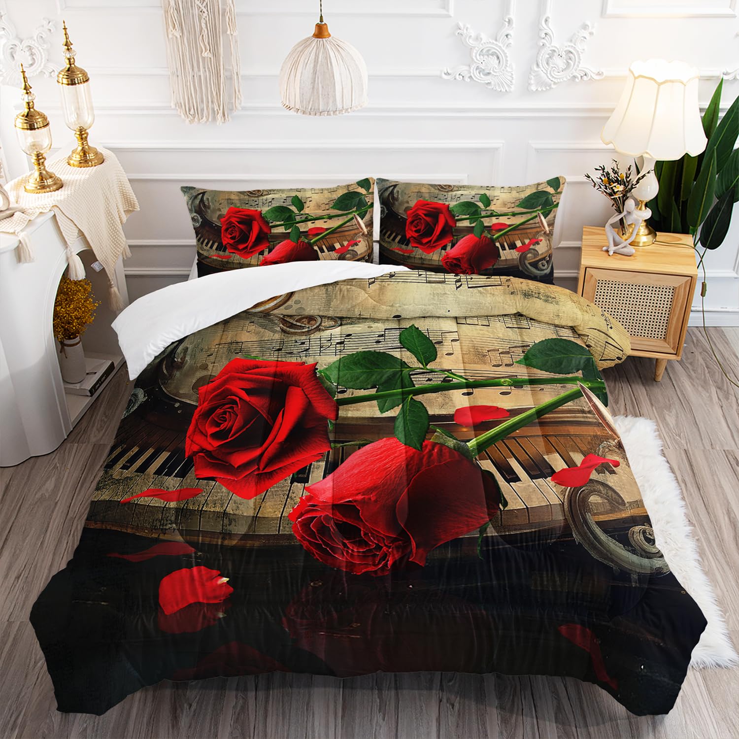 Juego de ropa de cama romántico con temática musical retro y edredón matrimonial