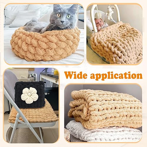 Miniatura 6 de Paquete de 3 hilos de felpilla gruesa y esponjosa para mantas de ganchillo, para tejer a mano, manualidades y proyectos en té con leche, súper