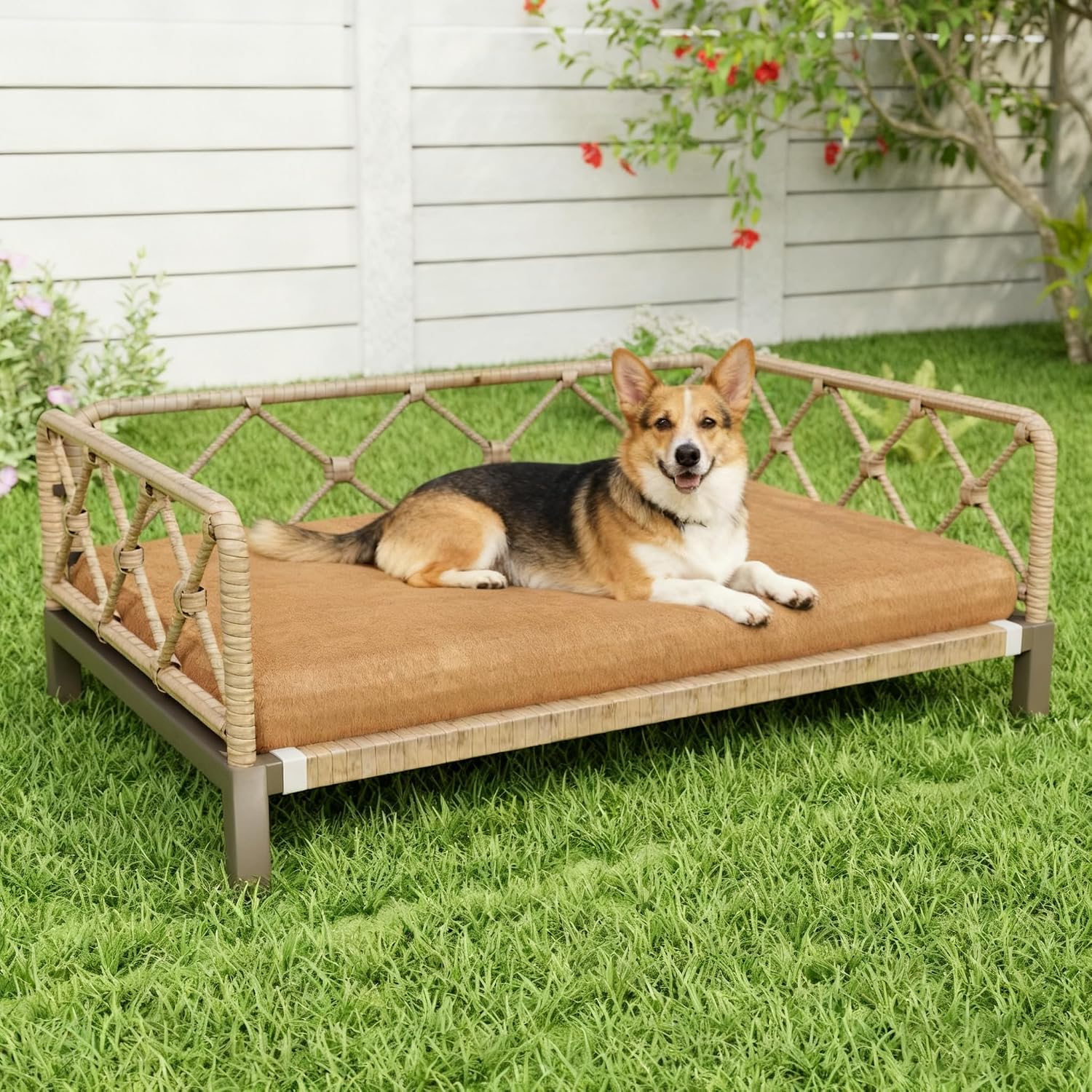 Outdoor Wicker Dog Bed Indoor Rattan Dogs Sofa with Soft Cushion, Dog Couch & Furniture, Pet Bed with Crate Pad(Brown Wicker and Cushion, Large and Medium)