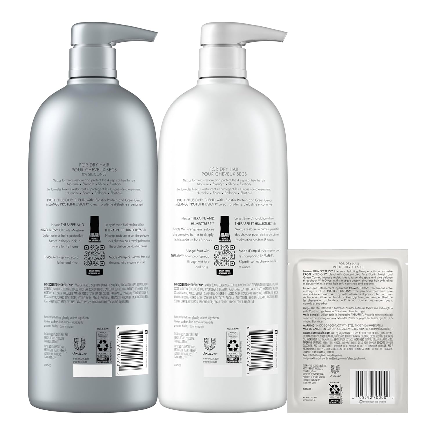 Nexxus Shampoo and Conditioner and 3 Hair Treatment Masks Therappe Humectress 5 Pack for Dry Hair Silicone-Free, Moisturizing Caviar Complex and Elastin Protein 33.8 oz & 1.5 oz