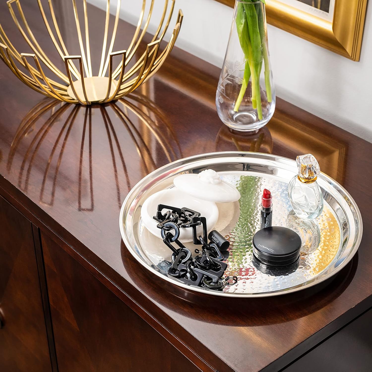 Hammered Stainless Steel Trays – Round Silver Serving Trays - Metal Serving Tray - 2 Pc - Large Tray 15” Medium Tray 13” - Decorative Platters – by Colleta Home - Image 6