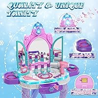 Vista 2 de Lehoo Castle Juego de Mesa de Tocador y Silla para Niñas, Mesa de Maquillaje para Niñas con Espejo, Taburete, Luces, Música, Juego de Tocador