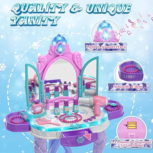 Miniatura 2 de Lehoo Castle Juego de Mesa de Tocador y Silla para Niñas, Mesa de Maquillaje para Niñas con Espejo, Taburete, Luces, Música, Juego de Tocador