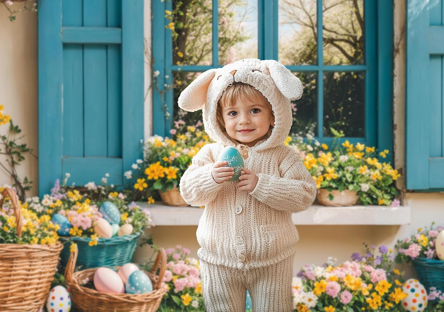 Kate 7x5ft/2.2x1.5m Easter Backdrop for Photography Window Colorful Eggs Bunny Photoshoot Background Photo Video Studio Props