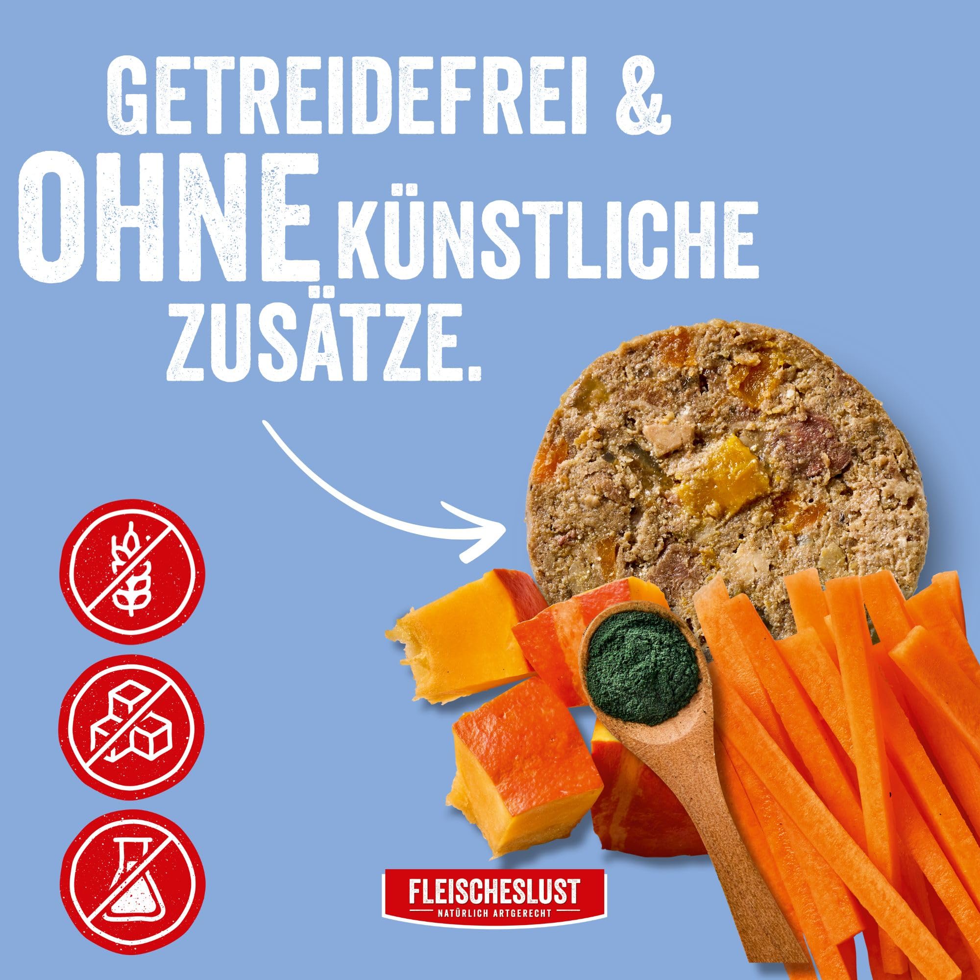 Fleischeslust Salchicha para perros, salmón y ternera con zanahoria, calabaza y espirulina, caja de alimentos (6 x 800 g), comida húmeda, resistente a los cortes, sin cereales, pienso completo para