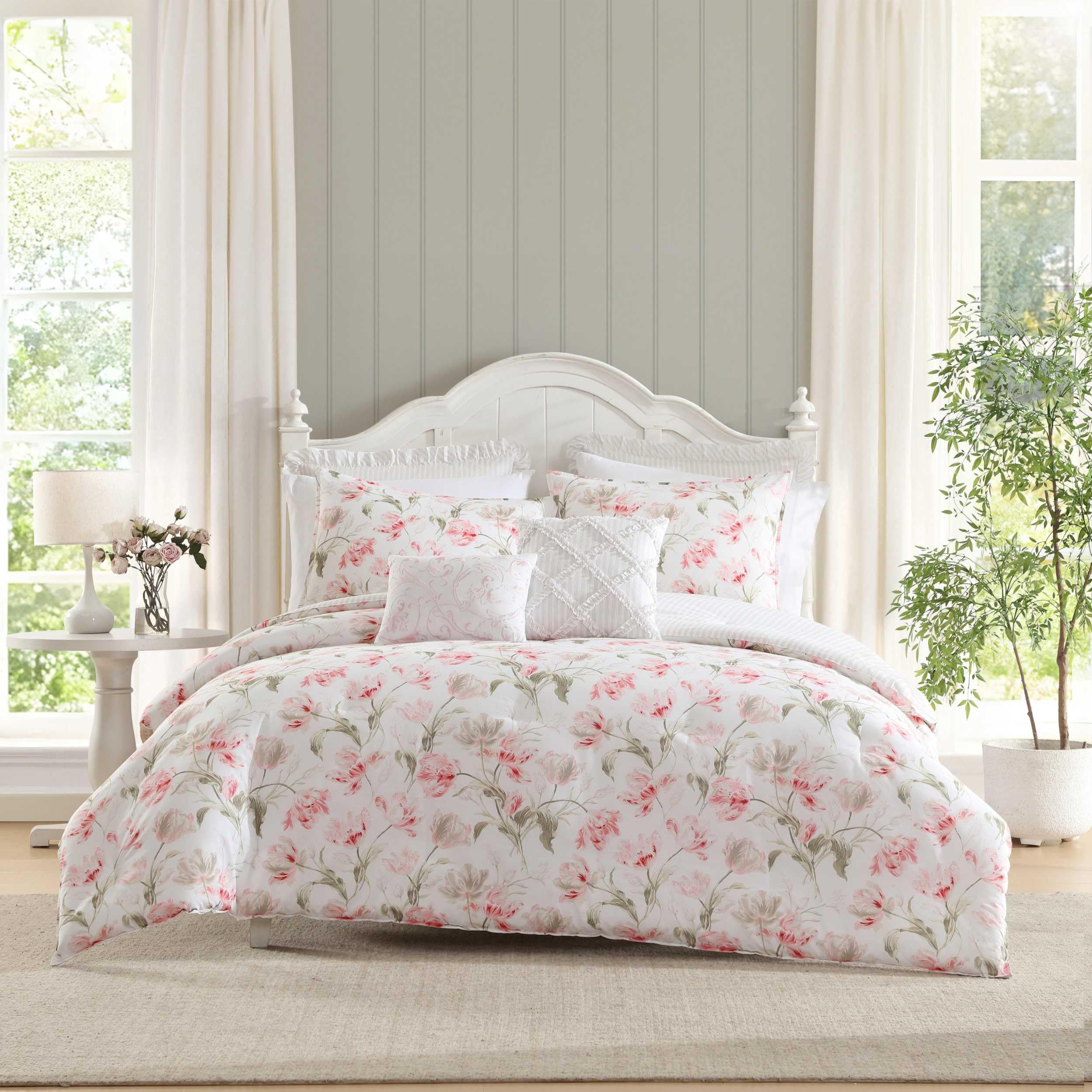 Laura Ashley Soft Bedding with Matching Shams, Includes Bonus Breakfast Square Pillow Cover, Floral Printed, Gosford Pink, King