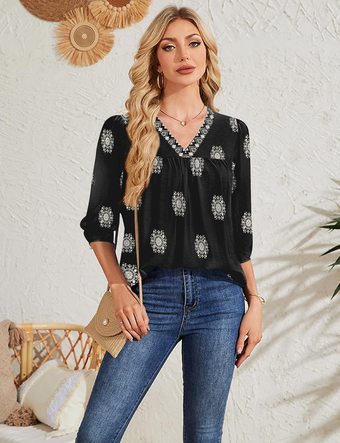 Rapbin Womens Boho Blouses 3/4 Sleeve Tops V Neck Puff-Sleeve Babydoll Pleated Linen Shirts with Button Cuffs - Image 6