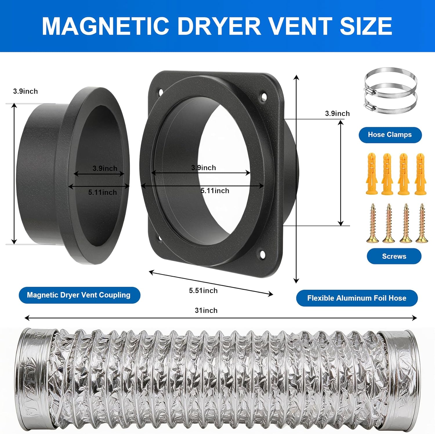 Magnetic Dryer Vent Coupling, Magnetic Dryer Vent Connector Kit, Strong Magnet Dryer Vent Quick Connect Disconnect Easy to Clean Airtight Seal 4" Exhaust Vent Hose Magnet Self-Alignment