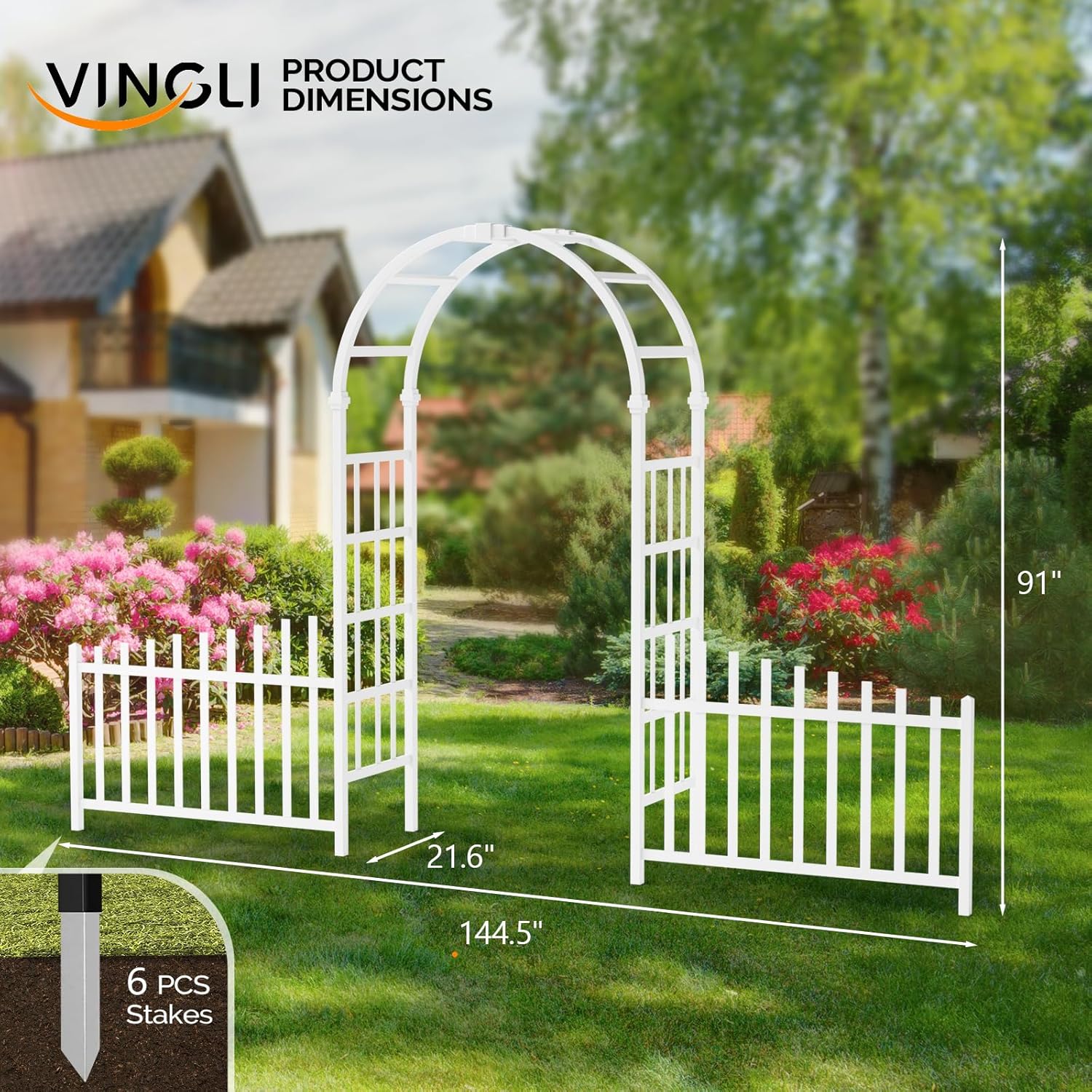 VINGLI Garden Arbor, PVC Garden Arch Trellis with Fence for Climbing Plants Outdoor, 91”x144.5” inch Garden Arch for Entryway Christmas Wedding Party Birthday (White)
