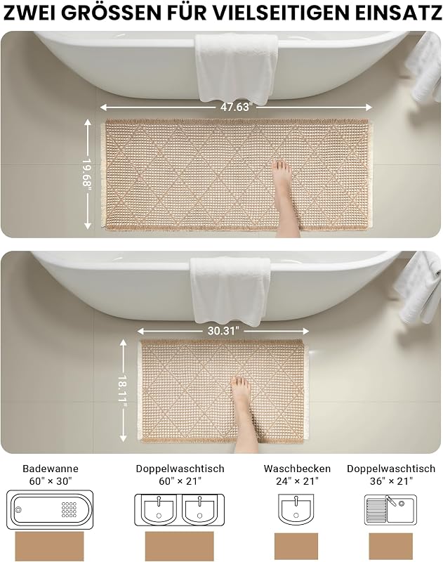Set de 2 covorașe de baie boho Furicher, cu model în carouri cu striații, antiderapante, lavabile, maro, 51x120 și 46x77 cm