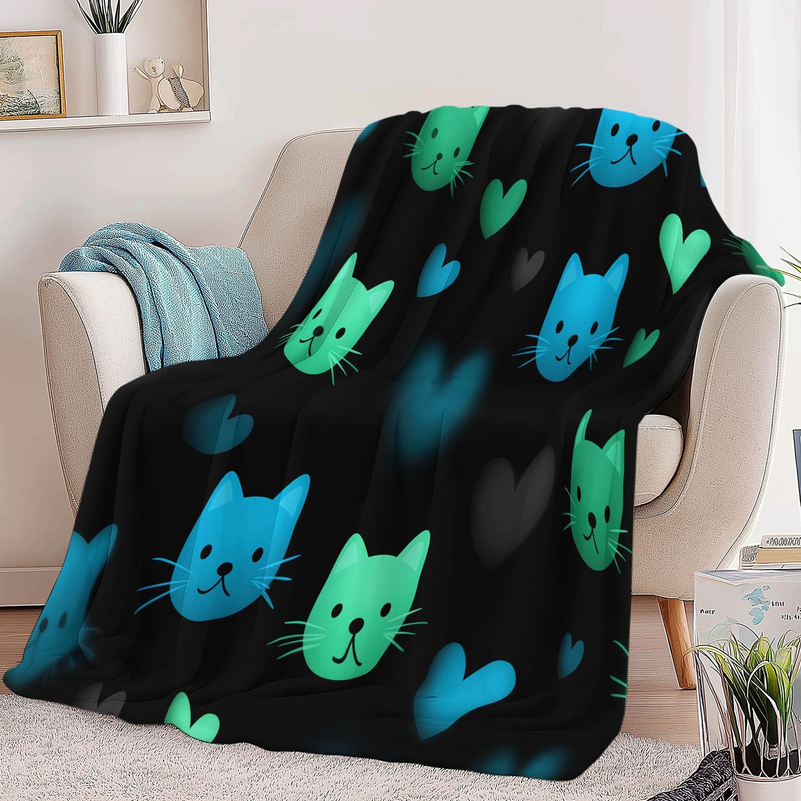 Generico Plaid Coperta Pile Nero Bambini Ragazzi Ragazze Plaid Pile Motivo Forma Faccia Gatto Neon Cartoni Animati Coperte Flanella 220 x 240 cm, per Letto e Divano Blanket Peluche Morbida e Calda
