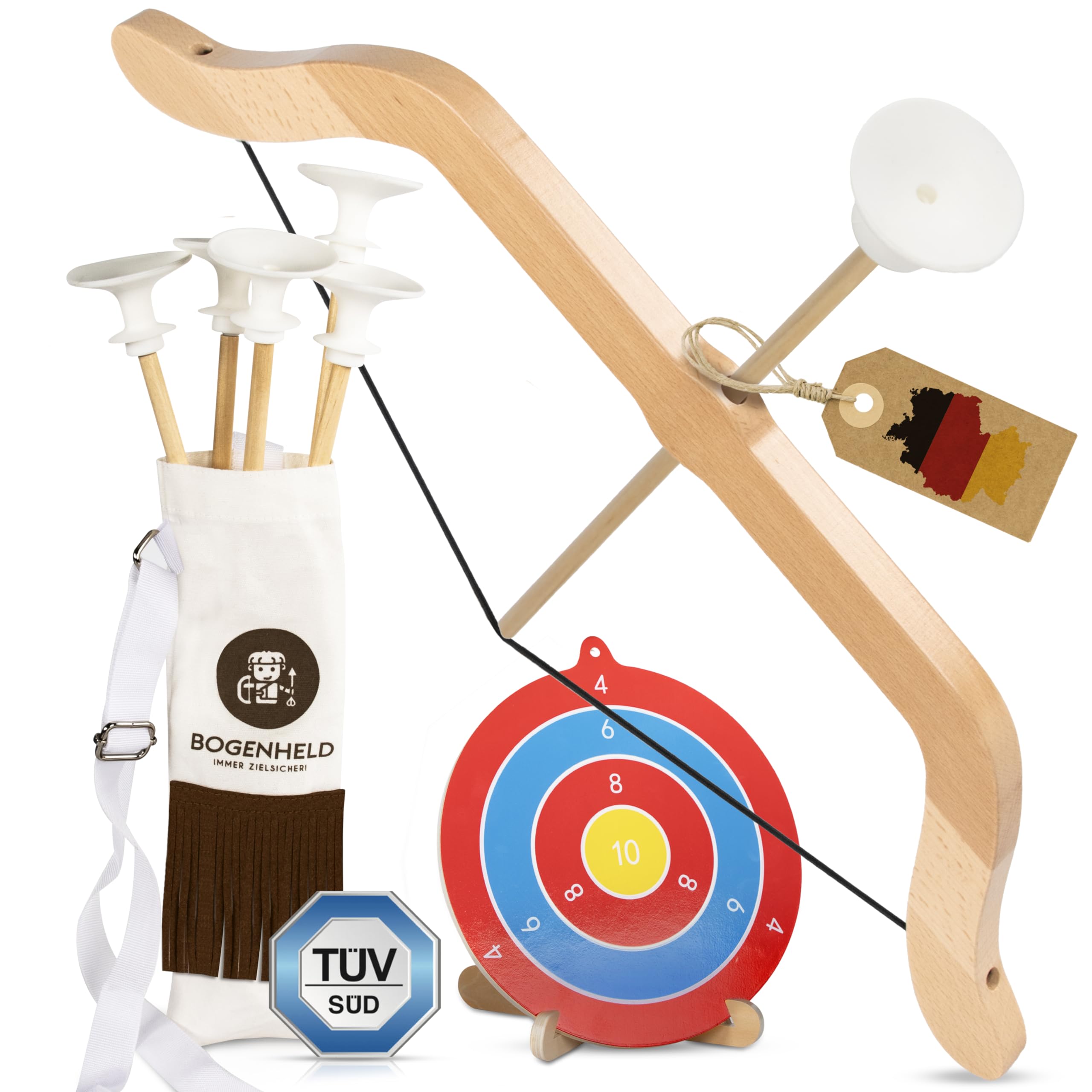 Pfeil und Bogen Kinder | Bogenschießen Set mit 5X Saugnapfpfeile, 1x Pfeiltasche und 1x Zielscheibe | Spielzeugbogen Saugnapf Kinder ab 3 Jahre | Bogenset für Links - und Rechtshänder