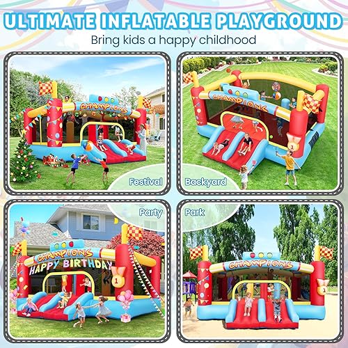 Miniatura 3 de Gran casa inflable de obstáculos para niños grandes, gorilas inflables para exteriores de 13 pies, aro de baloncesto doble, juego de pelota de