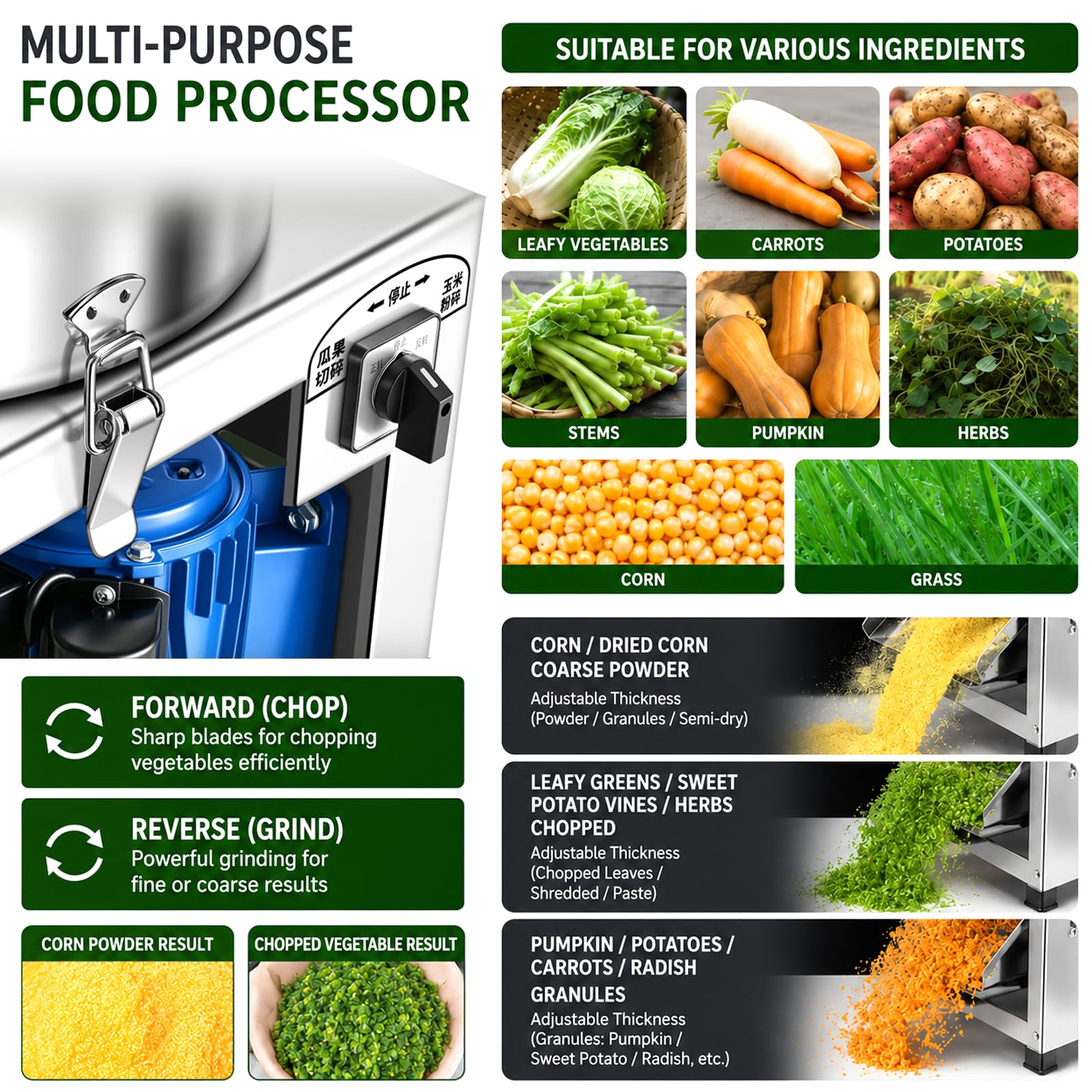 Rebanadora Eléctrica Comercial De Vegetales: Presenta Un Diseño De Gran Diámetro Con Grosor De Corte Ajustable, Adecuada Para Procesar Alimento Para Animales, Vegetales, Granos Y Materiales Sim 2200W