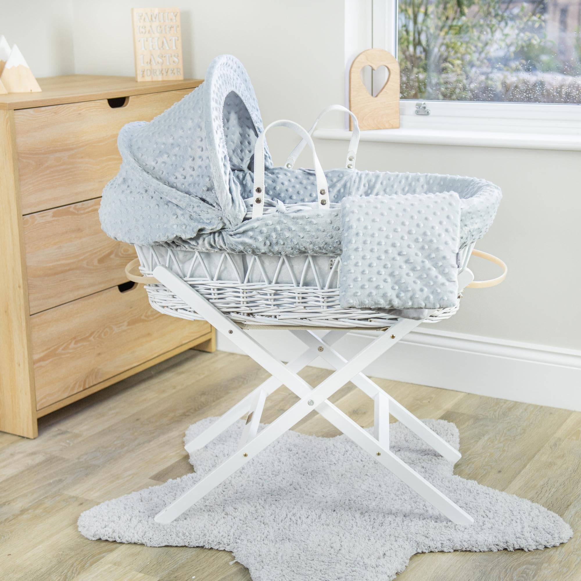 Clair de Lune Dimple Couffin en osier blanc avec literie 68 x 30 cm (gris)