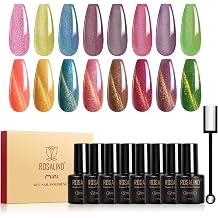 ROSALIND Cateye Gel Polish, 8 Colors Gold Glitter Magnetic Cat Eye Gel Nail Polish Set with Magnet, Gold Blue Green Purple Gel Polish Sparkling Collection Nail Art Gift DIY at Home