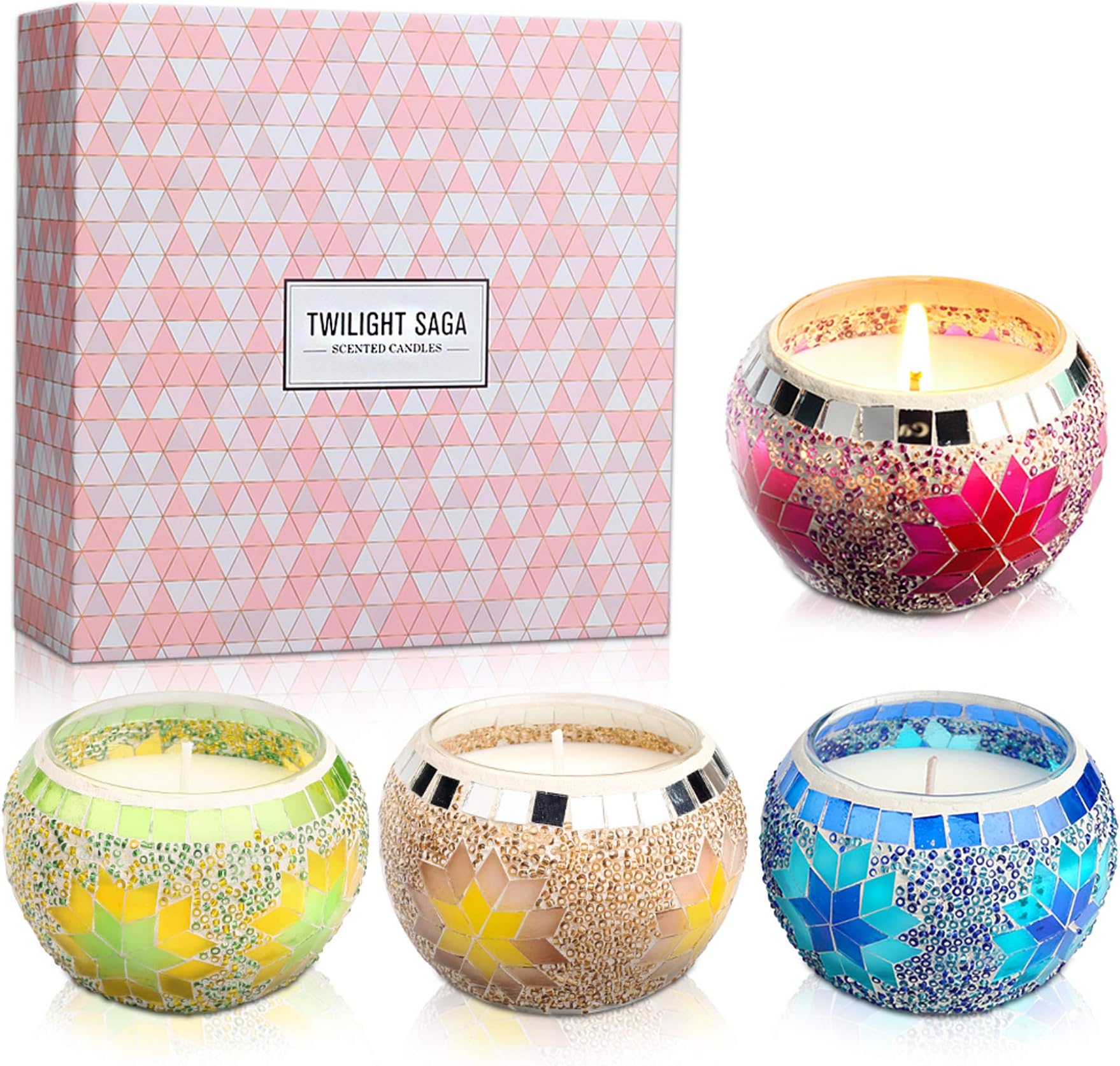 Scented Candles Gift Set, Handmade Mosaic Design Natural Soy Wax 4.4 Oz Portable Travel Candles for Stress Relief and Aromatherapy Women Gift Home Decoration- 4 Pack