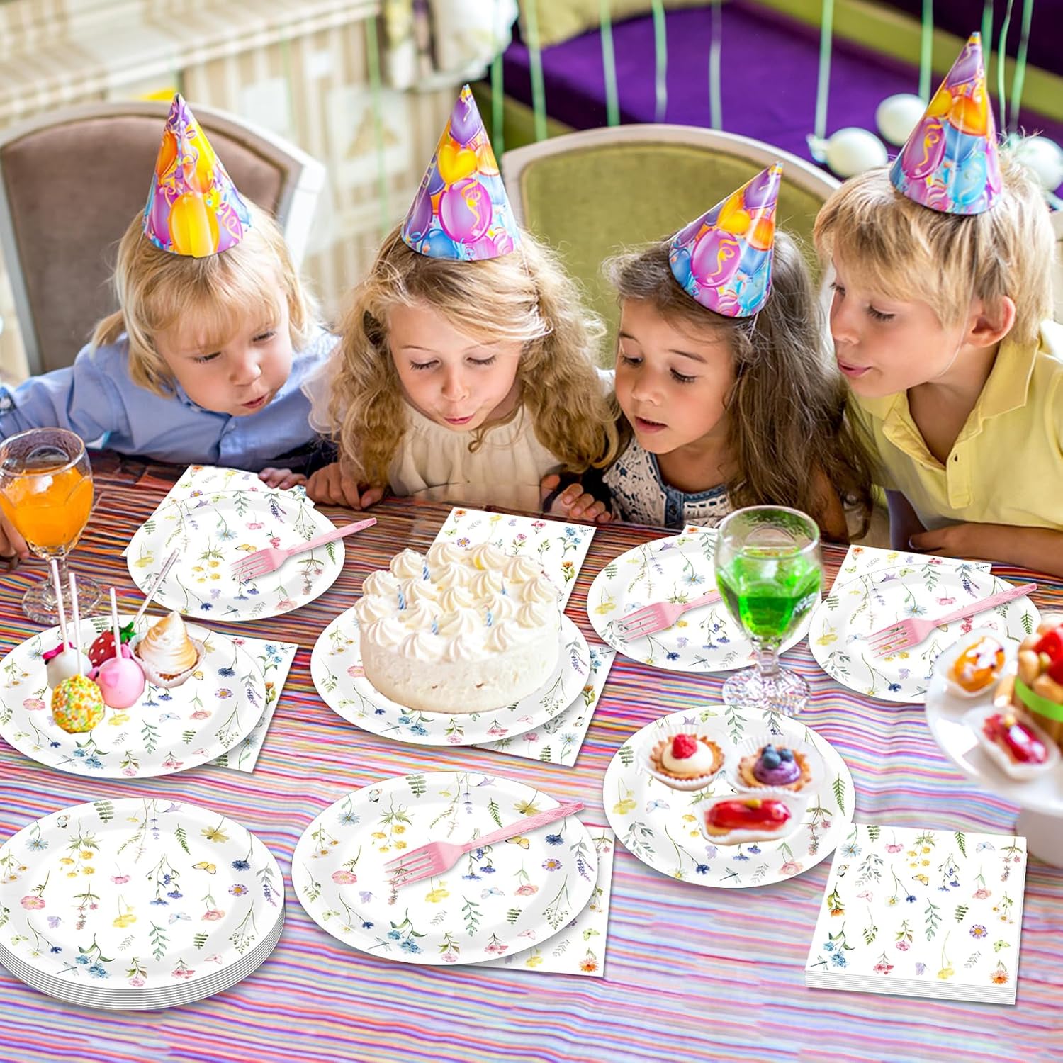 96 Pcs Wildflower Party Plates and Napkins Floral Theme Party Decorations Flower Paper Plates Disposable Dessert Tableware Set Spring Summer Bridal Shower Wedding Tea Birthday Supplies 24 Guests