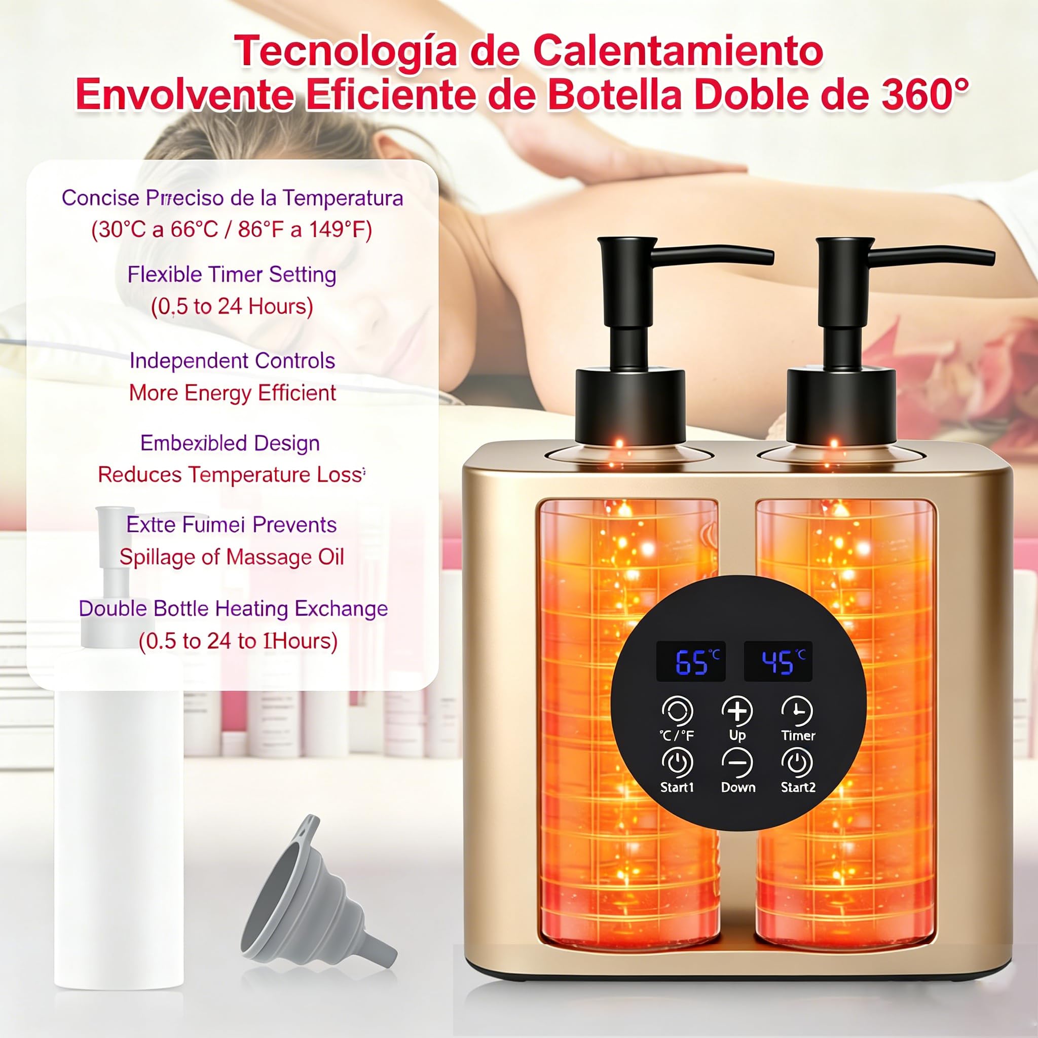 Calentador Profesional de Aceite de Masaje Doble, Termo para Aceite con 4 Botellas, Temperatura Ajustable 30–65°C, Temporizador 0,5–24h