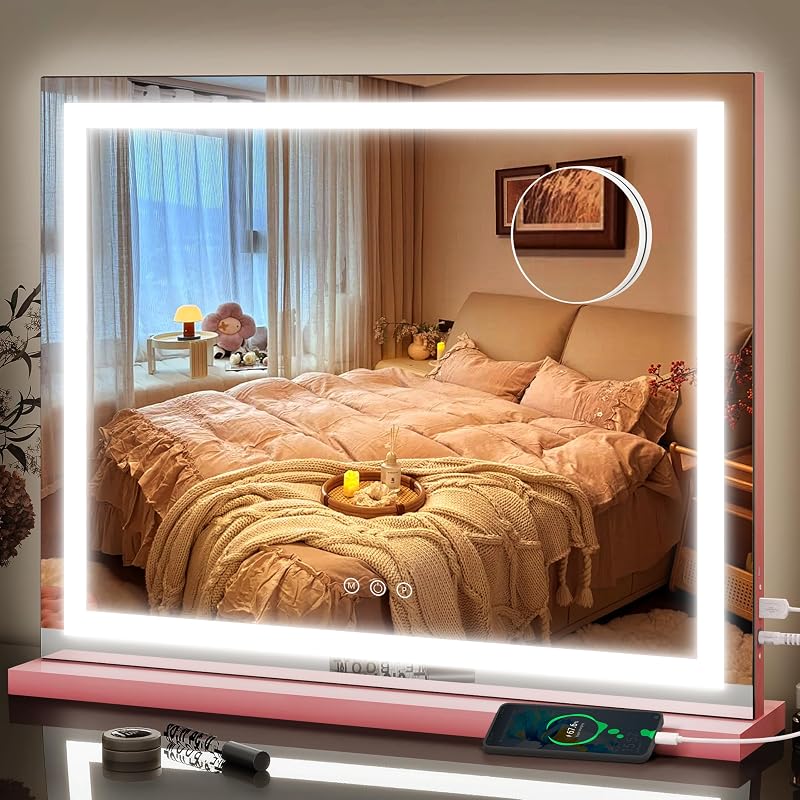 Espelho de maquiagem FENNIO com iluminação, 58,42 cm x 45,72 cm, sensor touch, 3 modos de luz, ampliação 10X e porta USB, rosa quadrado