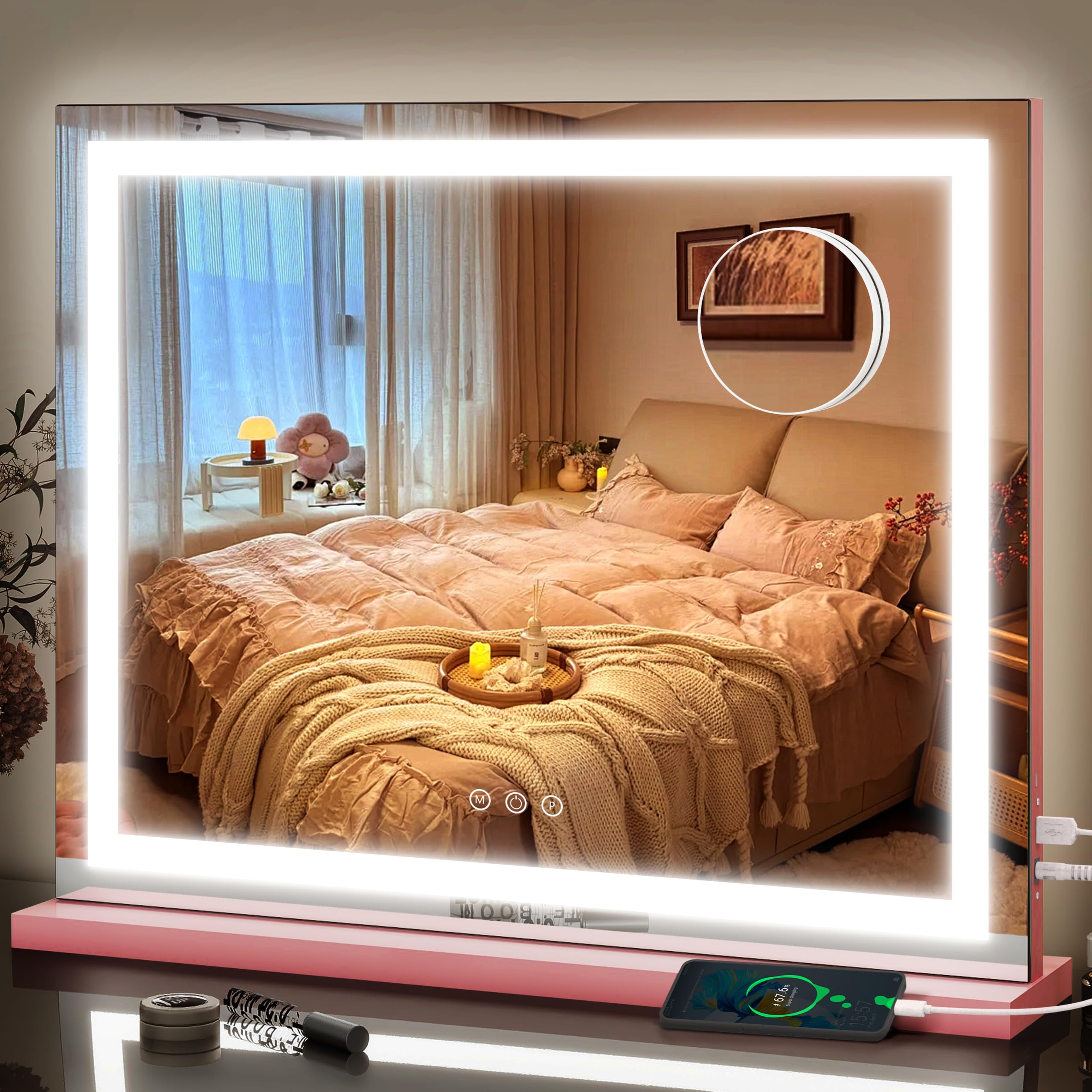 FENNIO Vanity Mirror with Lights 23"x18", Lighted Makeup Mirror, Large Vanity Mirror, Touch Sensor with 3-Color Lighting, 10X Magnification and USB Charging Port for Vanity Desk（Square Pink）