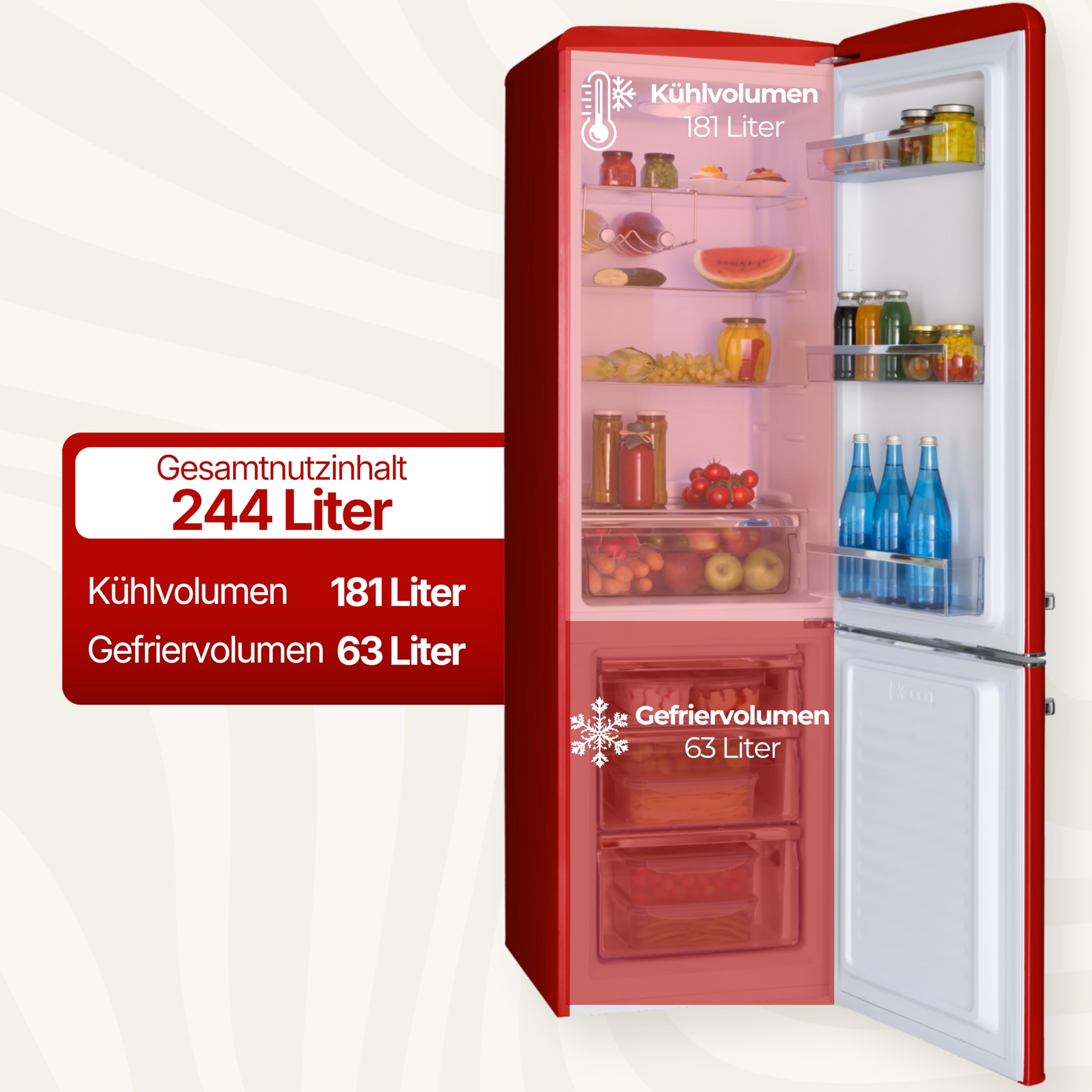 Amica Réfrigérateur combiné rétro 244 L 181 x 55 x 62 cm Rouge Éclairage LED