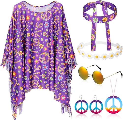 Miniatura 11 de Hicarer - Set de 6 piezas de accesorios para disfraz hippie para mujer y niña; incluye diadema, poncho, collar, aretes, lentes de sol