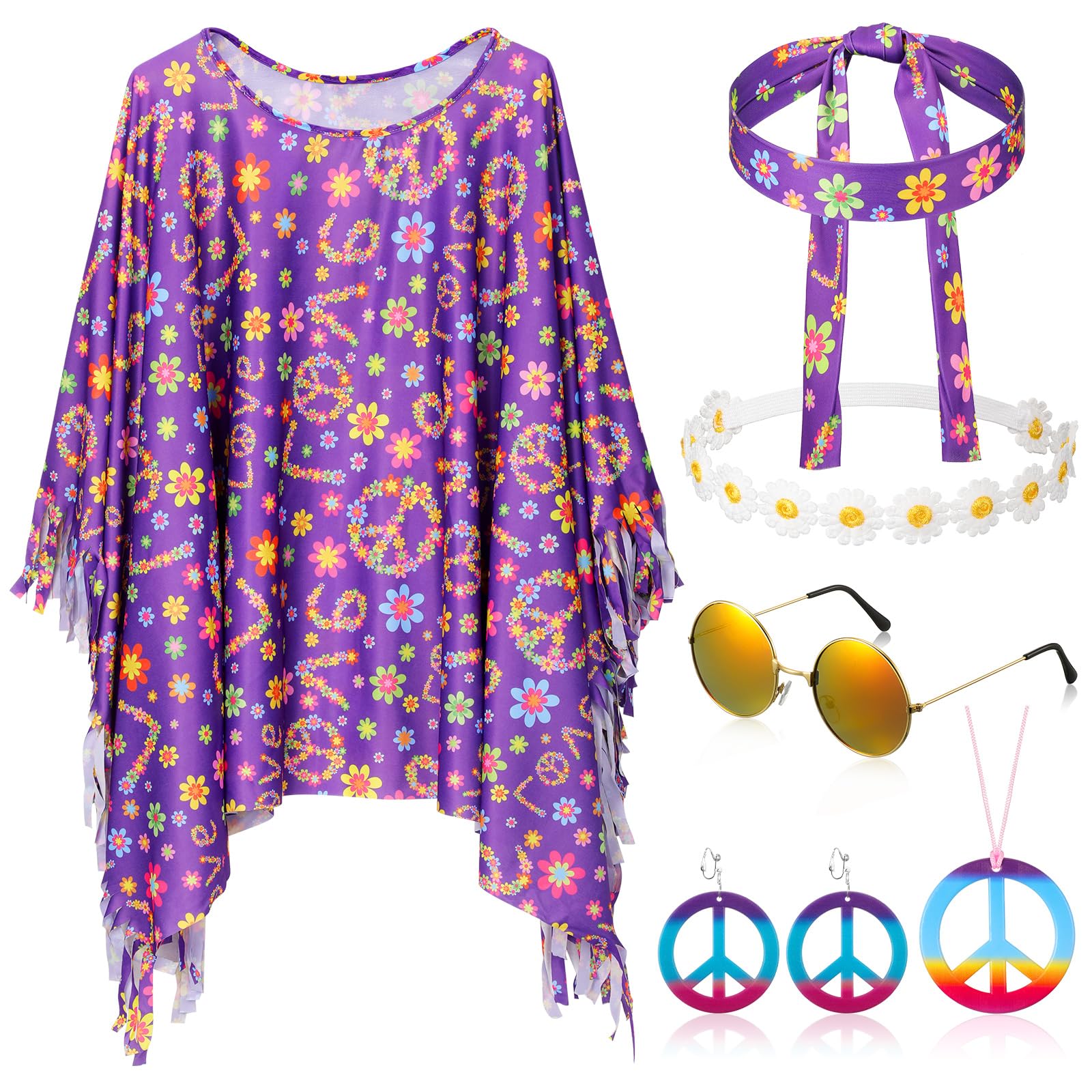 Hicarer 6 Pcs Hippie Costume Accessories Set Includes Headband Poncho Necklace Earrings Sunglasses for Women(Romantic Flower)