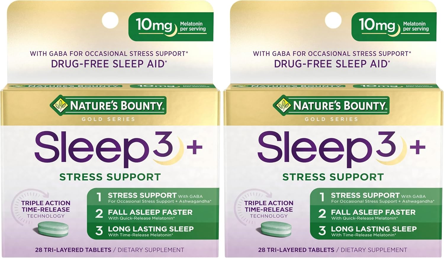 Nature's Bounty Sleep + Stress Support, Sleep3 Maximum Strength 100% Drug Free Sleep Aid, Dietary Supplement with Ashwagandha, Time Release Technology, 10mg, 28 Tri-Layered Tablets (Pack of 2)