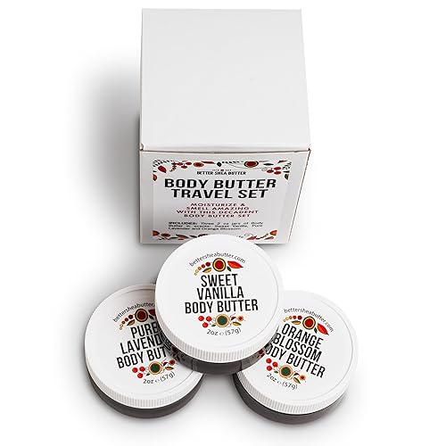 Travel Size Body Butter Set w/Orange Blossom, Lavender & Sweet Vanilla Body Creams - TSA Approved Travel Size Products, Mini Purse Essentials Items Women - Travel Lotion 3x2oz Jars - Lavender, Vanilla, Orange