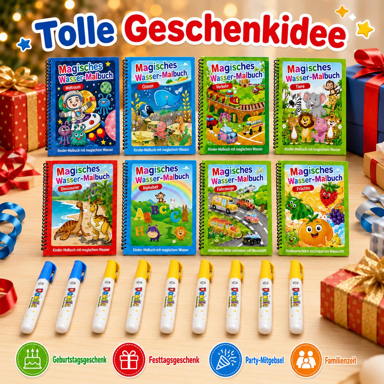 8er-Wassermalbuch-Set mit 8 Wasserstiften, 8 Themen, für Reisen ab 3 Jahren | Nur mit Wasser malen; nach dem Trocknen wiederverwendbar; einzeln verpackt zum Teilen, Mitnehmen und Verschenken