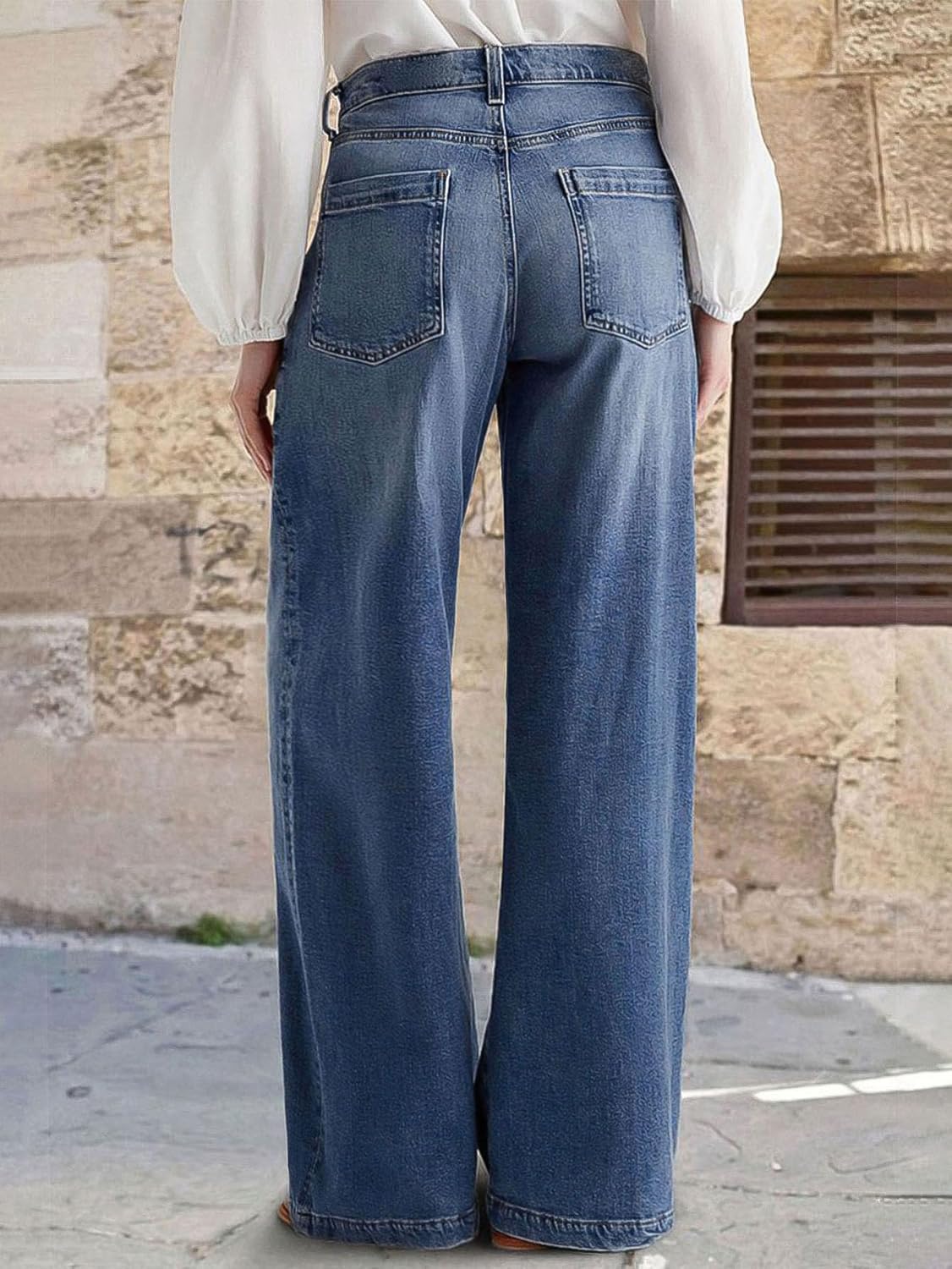 Flamingals Wide Leg Jeans for Women Mid Waist Baggy Stitch Decor Denim Washed Pants Without Belt - Image 3