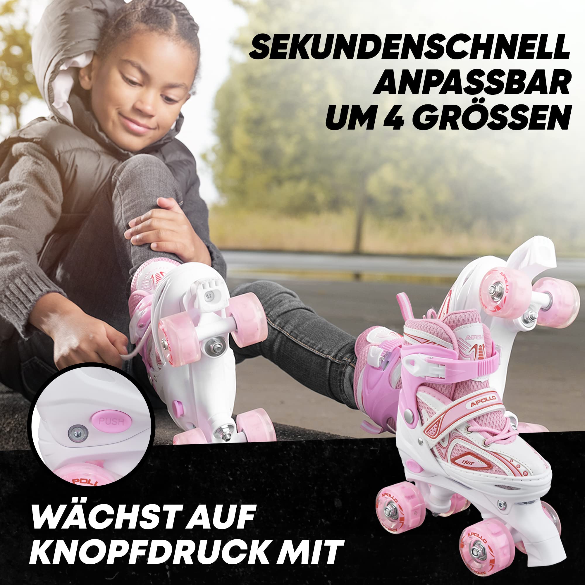 Apollo Super Quad X Pro | verstellbare Rollschuhe für Kinder | komfortable, größenverstellbare LED Roller Skates | Rollschuhe für Mädchen und Jungen | Größen 31-42
