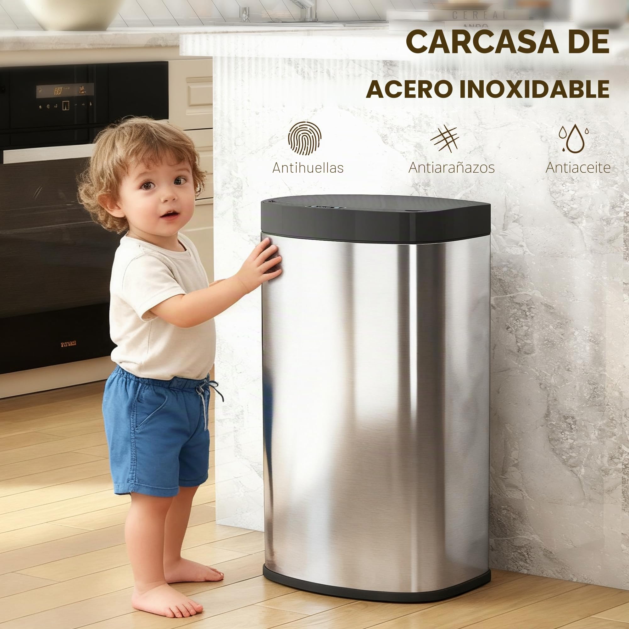HOMCOM 55L Cubo con sensor, papelera de cocina sin contacto, Plata | Tapa de cierre suave, sensor de movimiento, acero inoxidable resistente a huellas, higiénico para gimnasio, hogar y oficina