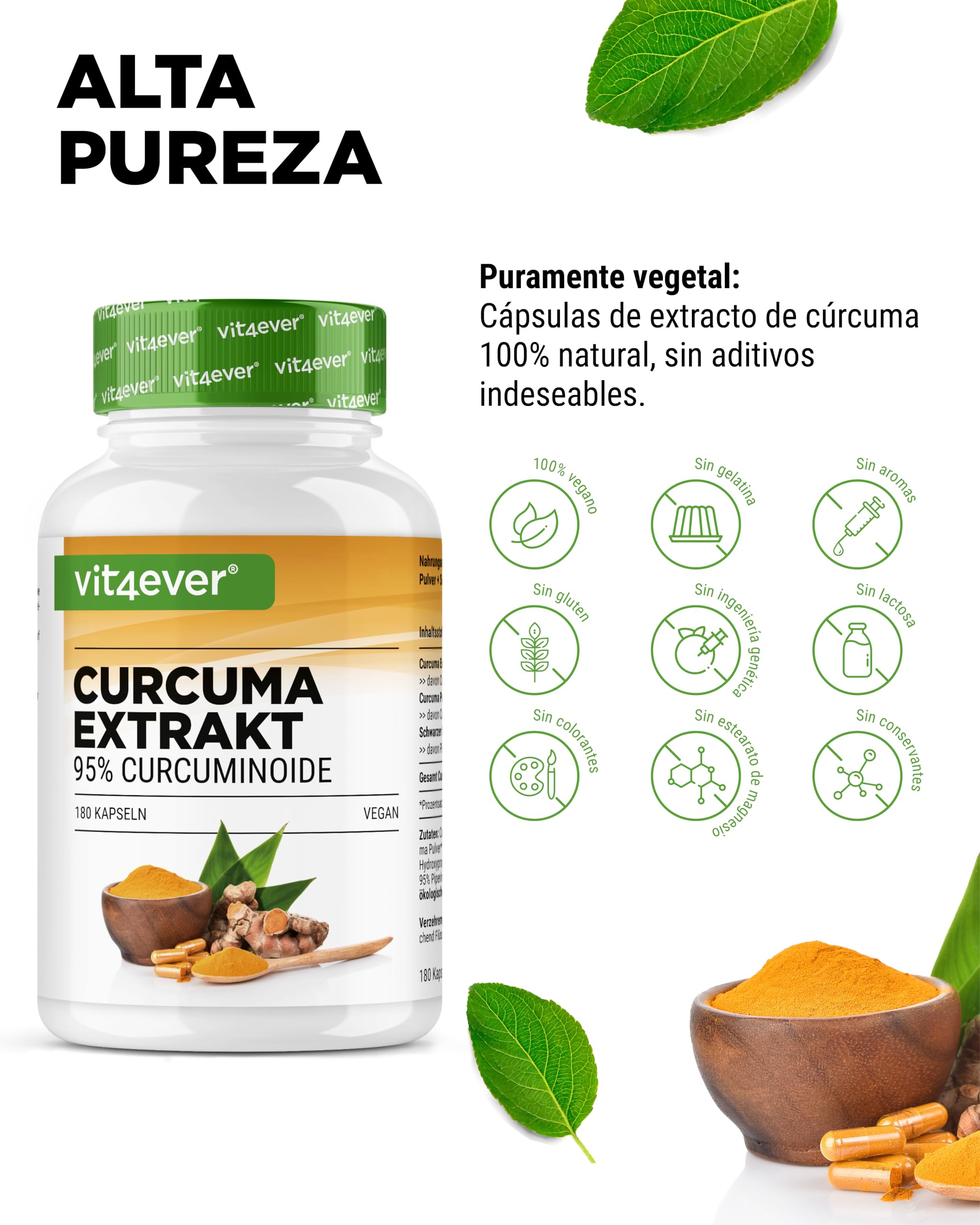 Extracto de cúrcuma - 180 cápsulas - Alta dosis con 500 mg de curcumina por dosis diaria - Con un 90% de contenido en curcumina - Sin aditivos indeseables, vegano