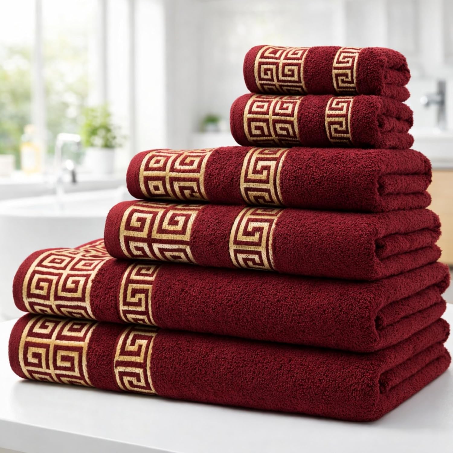 Premium Soft Cotton 6 Piece Towel Set with Greek Key Design – 2 Bath Towels 2 Hand Towels 2 Washcloths, Ultra Absorbent & Quick Dry Turkish Towels for Bathroom, Burgundy Towel Sets G03