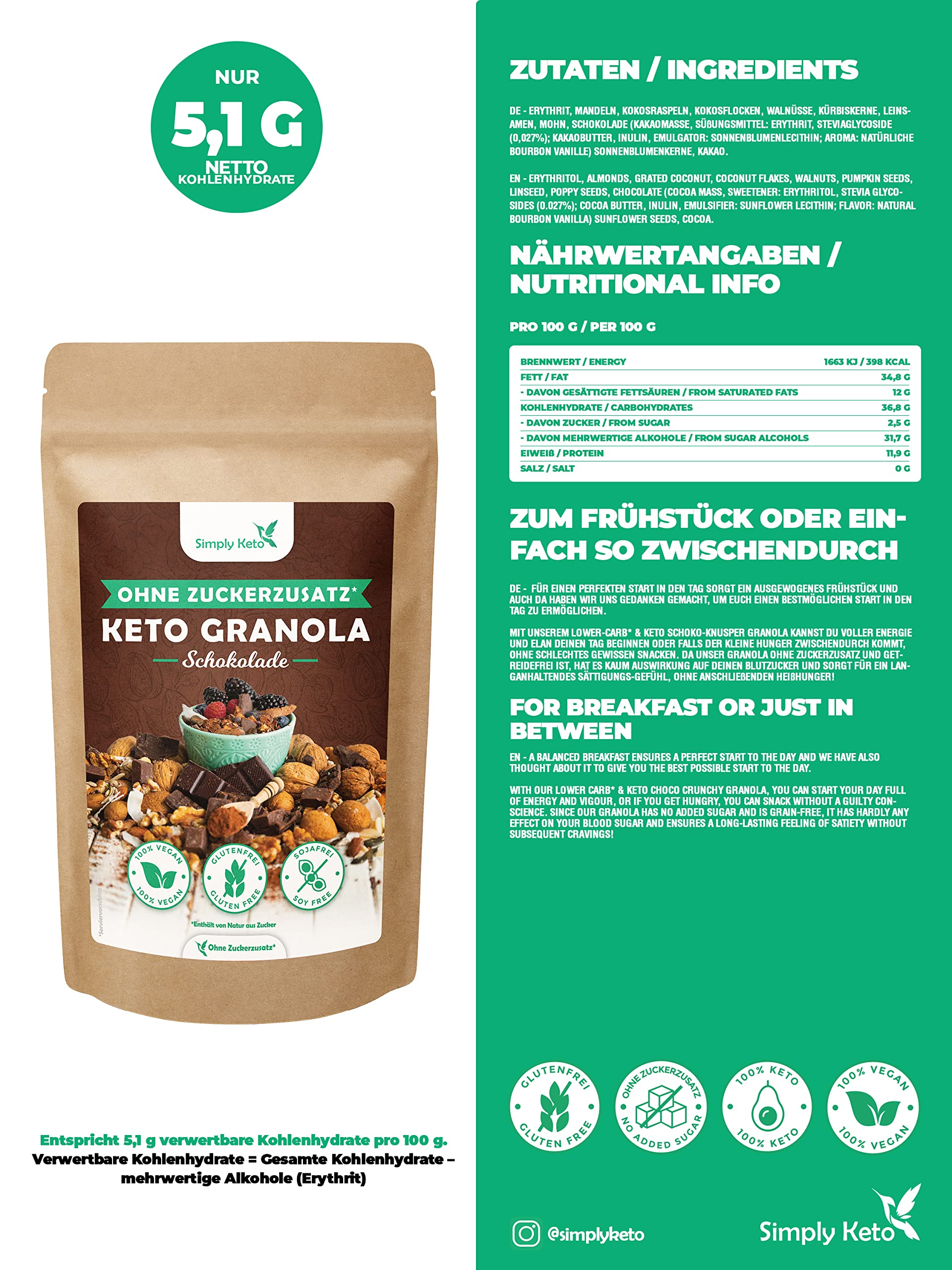 Simply Keto Muesli crujiente de chocolate - Muesli bajo en carbohidratos sin azúcar - 250g Delicioso Muesli Keto para un desayuno perfecto - Paleo y Vegano - Sin soja, lactosa y gluten - 250g