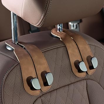 CoBak Purse Hook for Car - Universal Premium Stitched Leather and Aluminum-Magnesium Alloy Double Car Seat Back Storage Hook for Purses, Handbags, Bags 2 Pack,Brown