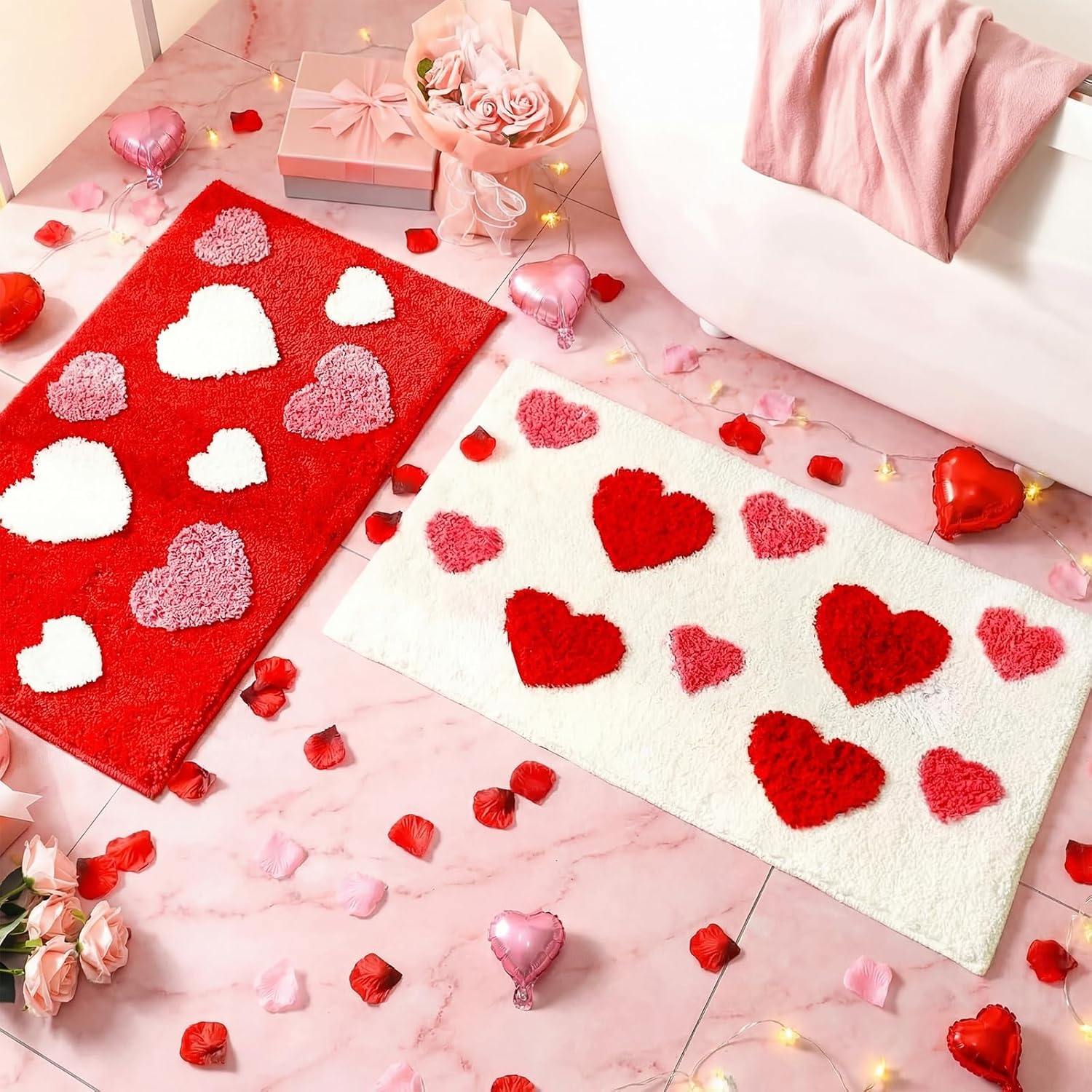 Tinideya 2 Pcs Valentine's Day Heart Bathroom Rugs Pink Red White Heart Rugs Valentine's Day Bathroom Mats Decor for Front Doors Kitchen Bedroom Living Home, 31.5 x 19.7 Inch