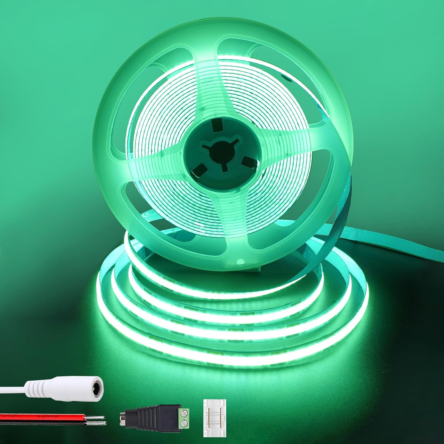 12V COB LED Strip Lights 9.84FT/3M(No Power Supply),Green,320LEDs/M,with 5521DC Female and red and Black Wire Connectors,8mm Width,IP20,for DIY Home Indoor Decoration