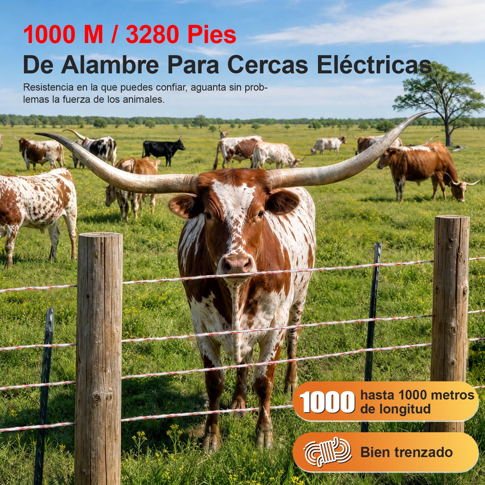 1000m Hilo para Pastor Eléctrico, Cercas Eléctricas Cinta 6 Conductores | Alta Conductividad y Resistencia UV, Cable Valla Eléctrica para Caballos, Vacas, Perros, Jardín Pastos Granja