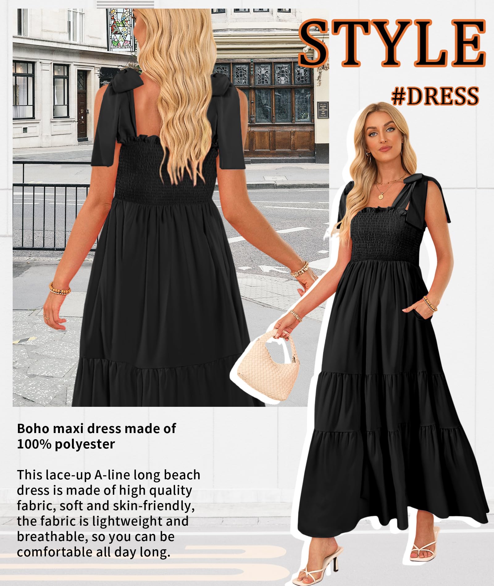CURBODO Vestido largo de verano para mujer, estilo bohemio, con tirantes delgados, casual, largo, acampanado, vestido de playa con cuello cuadrado, vestido de sol fluido