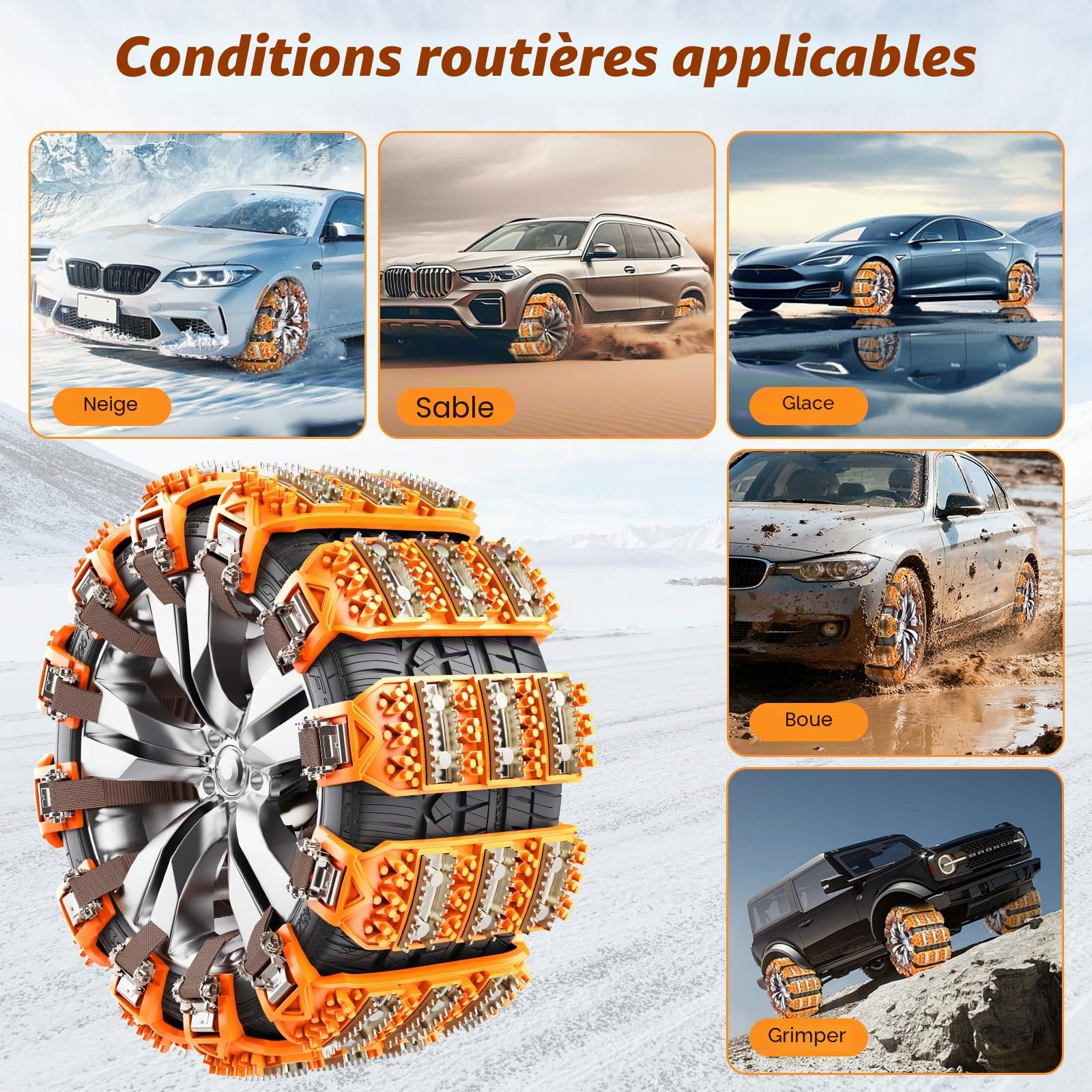Chaînes à Neige pour Voitures Ninonly 8Pcs Chaîne Universelle Antidérapante d’Urgence pour Véhicules Voiture Camion SUV Adaptée aux Pneus de 165mm - 265mm pour Boue, Sable, Neige, Glace, Montée