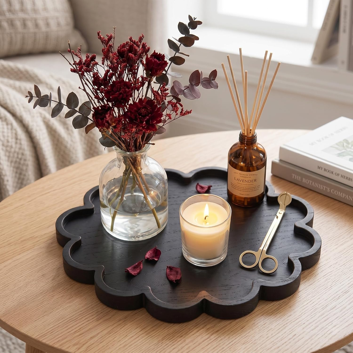 BreezeHug Black Scalloped Serving Tray 12.6 Inch, Wood
