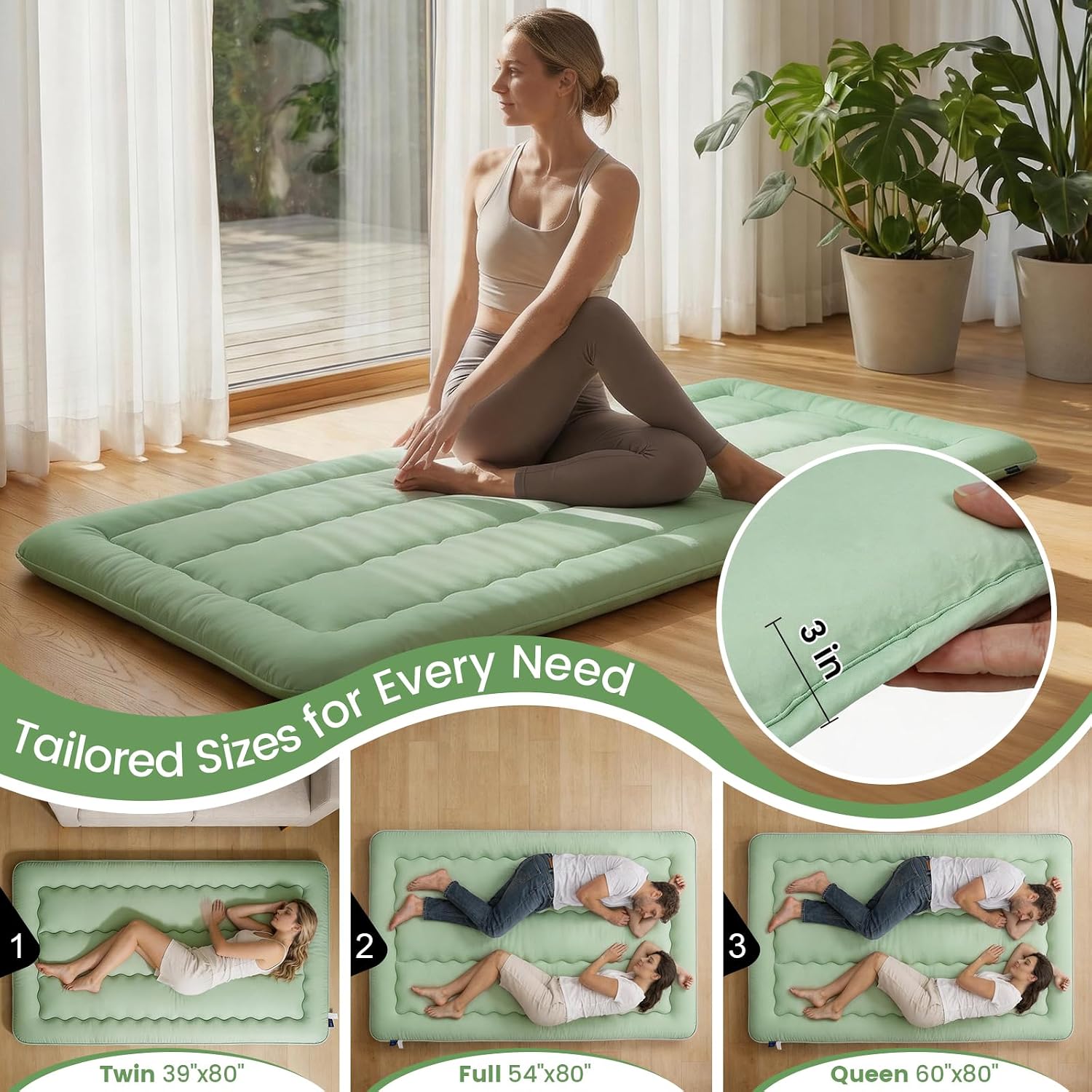 Size Full Japanese Floor Futon Foldable Futon Mattress for Floor Tatami Mattress Portable Rollaway Bed for Guest Playmat for Kids Tatami Sleeping Pad Japanese Mattress for Adults Green A