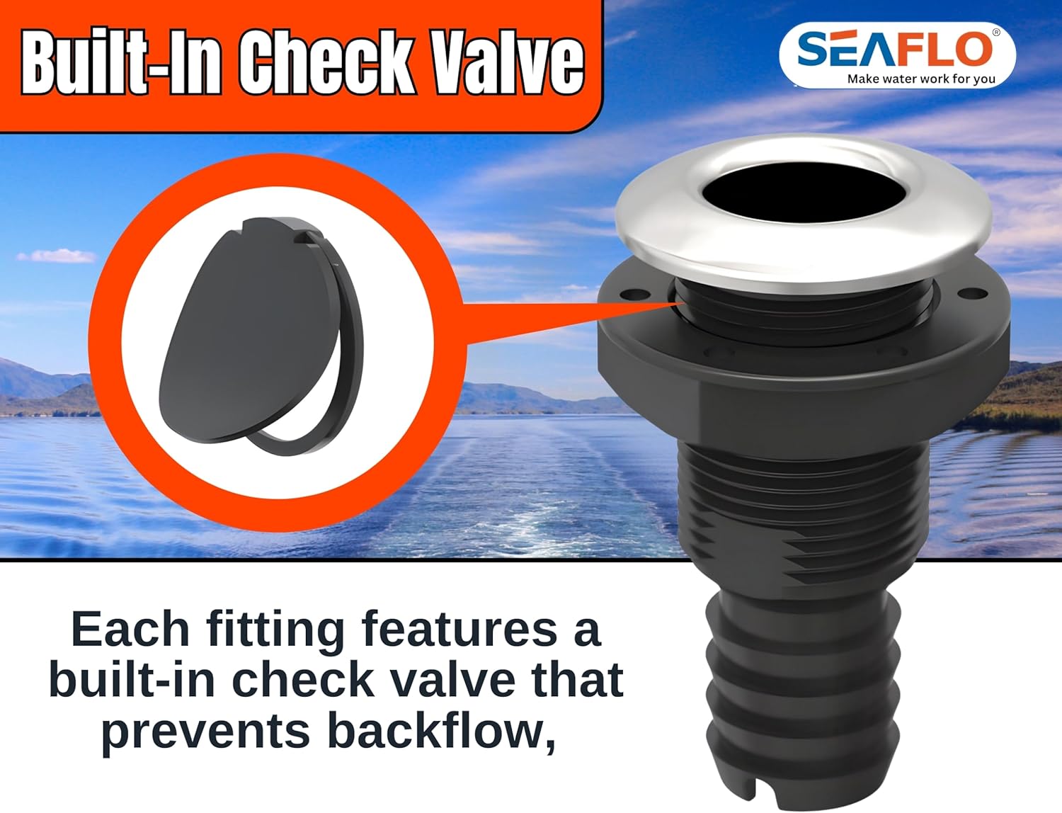 SEAFLO Thru Hulls Fitting Thru-Hull with Check Valve, 5/8”, 3/4”, 1”, 1-1/8”, 1-1/4”, 1-1/2”, or 2” Sizes, White/Black, Polypropylene/Nylon, 4-Year Warranty, (Choose Color, Size, and Pack Size)