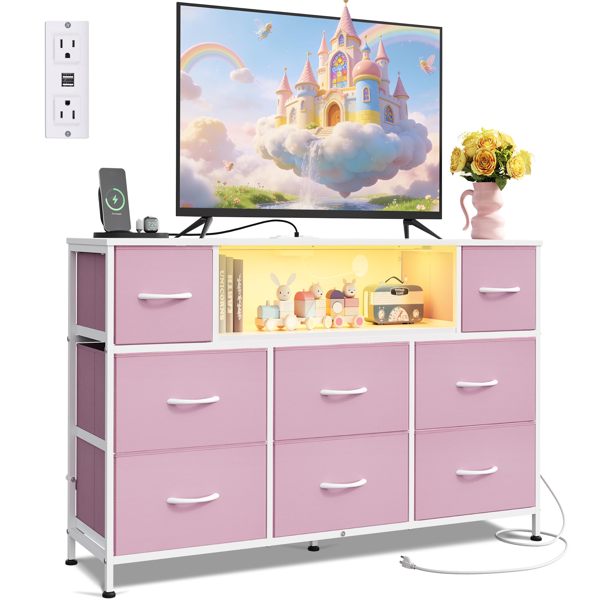 WLIVE 드레서 TV 스탠드, 45, 50, 55인치 TV용, LED 조명 및 충전 스테이션이 있는 엔터테인먼트 센터, 8개의 패브릭 서랍과 거실, 복도, 오픈 선반이 있는 서랍장, A-핑크