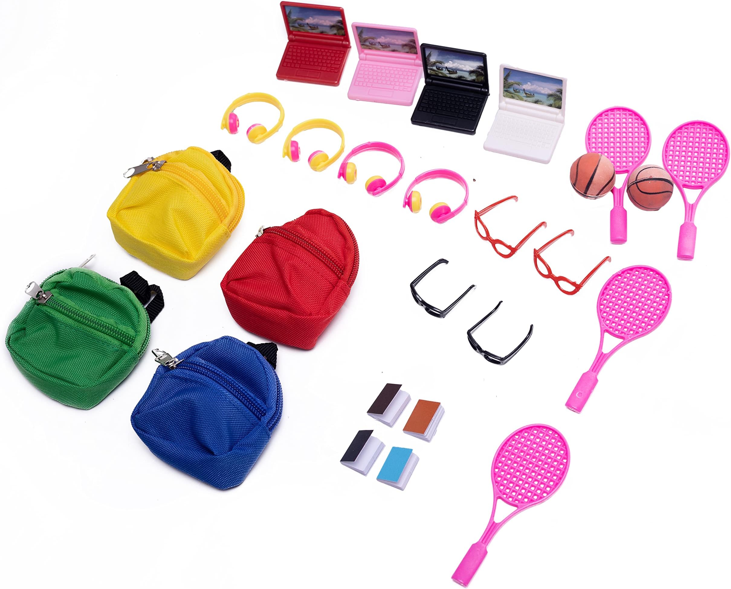 26pcs Miniature Dollhouse Accessories Mini Laptops Earphones Glasses Schoolbags Notebooks Basketballs Tennis Rackets School Supplies for Doll House Decorations